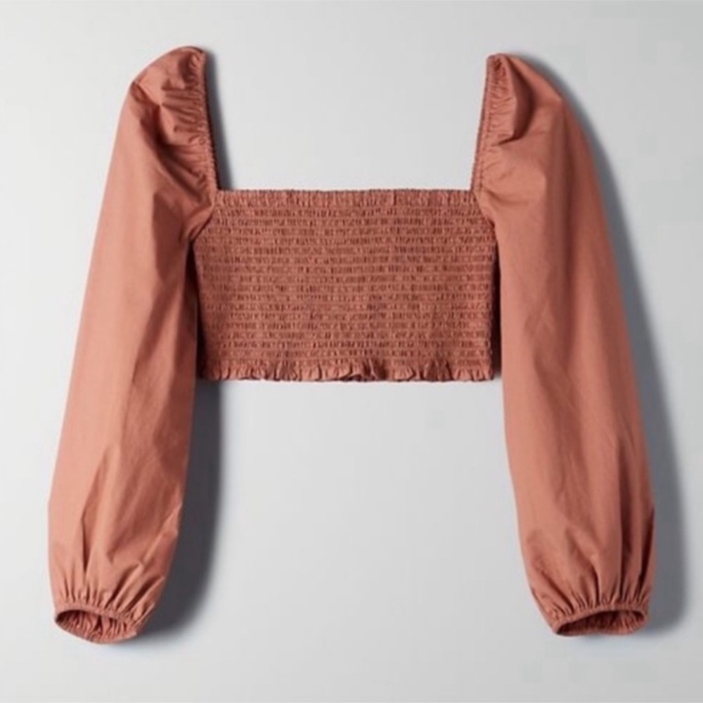 Wilfred by Aritzia Inaya Smocked Off Shoulder Blouse Mauve XS